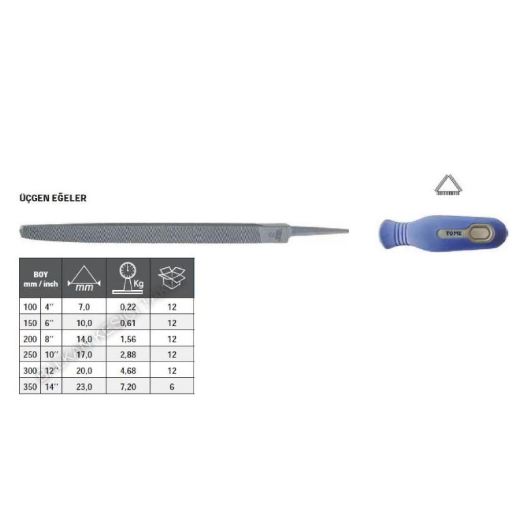 Tome Saplı Üçgen Eğe Orta Diş 250mm